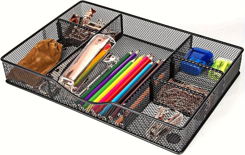 VyGrow Desk Drawer Organizer Tray, Metal Mesh Drawer Organizers Office, 6 Adjustable Compartment, Desk Organizer Tray for Home Office 12.87L x 8.73D x 1.96H inch, Black, 1PC Medium - Image 1
